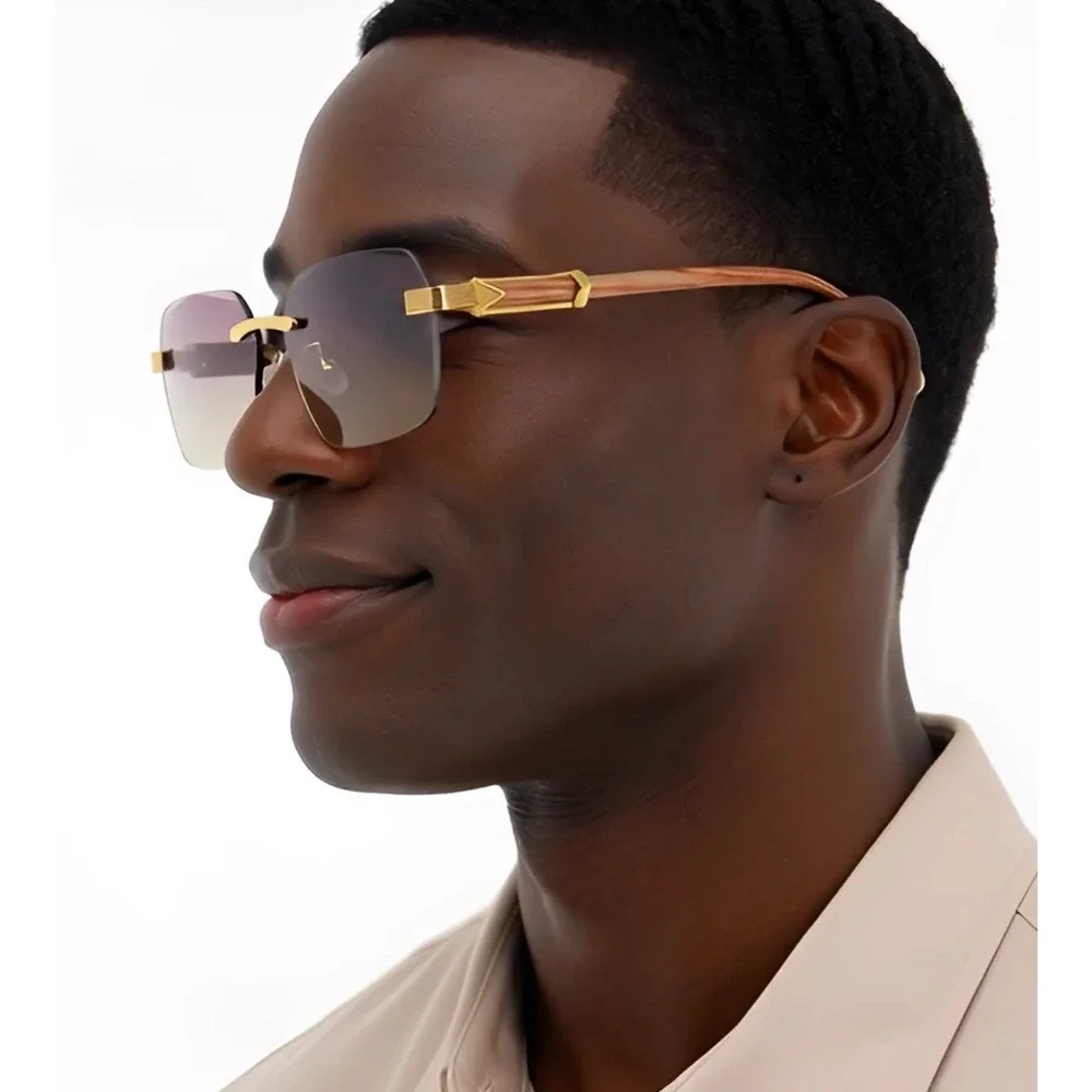 Frameless Men Rectangle Sunglasses Gold Buffs Migos Purple Yellow Gradient Lens